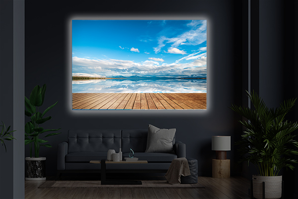 Interior of living room with sofa on empty dark blue wall backgr