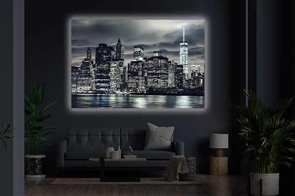 Interior of living room with sofa on empty dark blue wall backgr