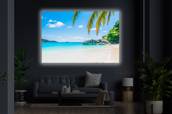 Interior of living room with sofa on empty dark blue wall backgr